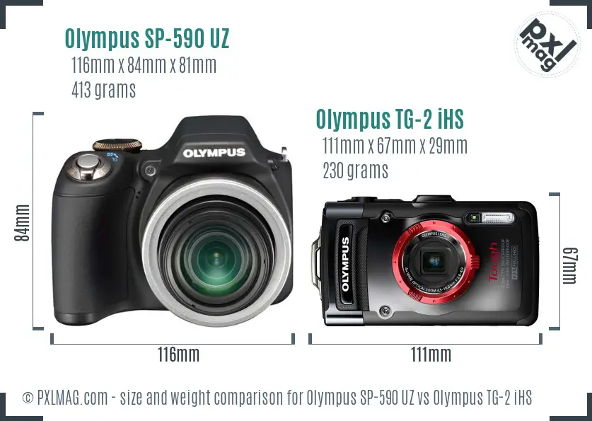 Olympus SP-590 UZ vs Olympus TG-2 iHS size comparison