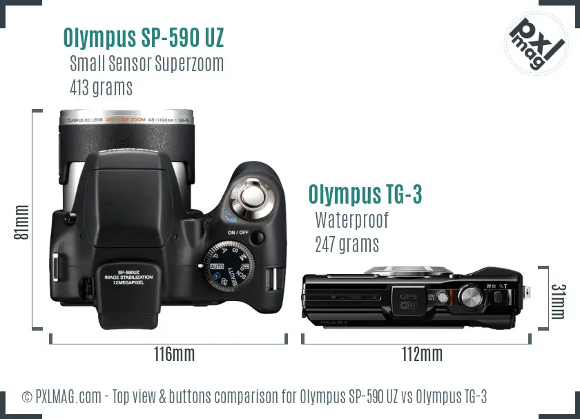 Olympus SP-590 UZ vs Olympus TG-3 top view buttons comparison