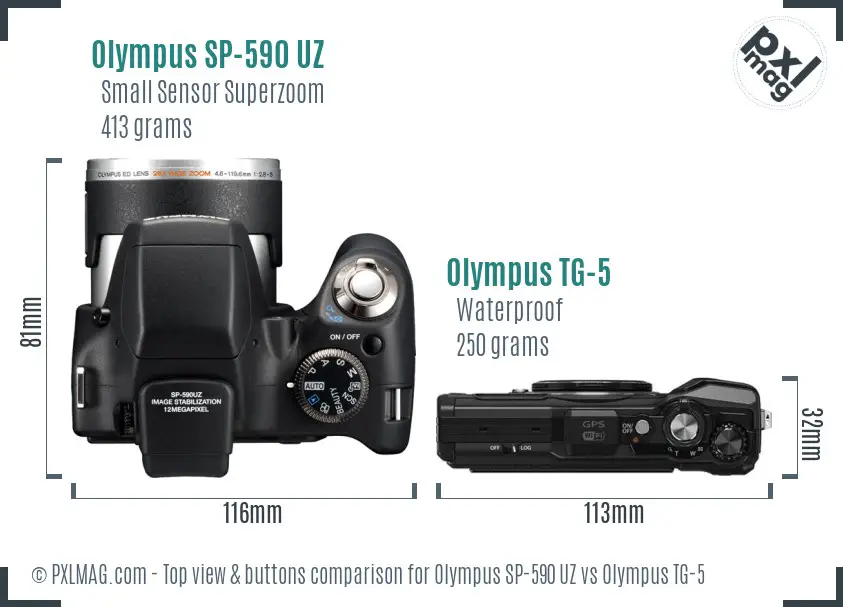 Olympus SP-590 UZ vs Olympus TG-5 top view buttons comparison