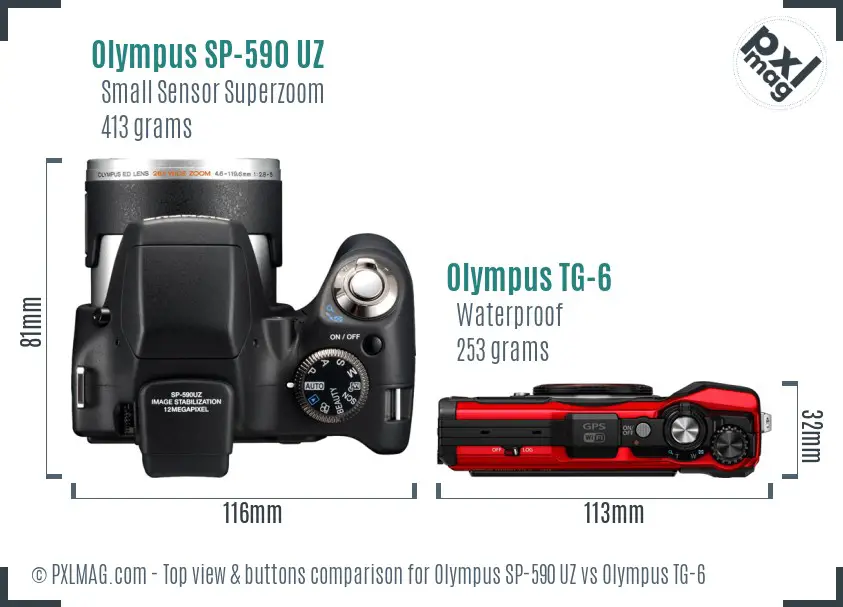 Olympus SP-590 UZ vs Olympus TG-6 top view buttons comparison