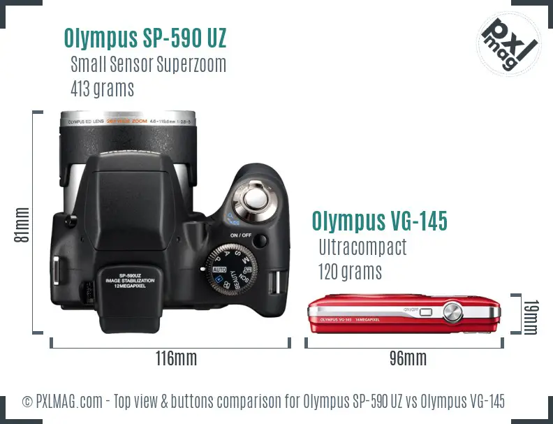 Olympus SP-590 UZ vs Olympus VG-145 top view buttons comparison