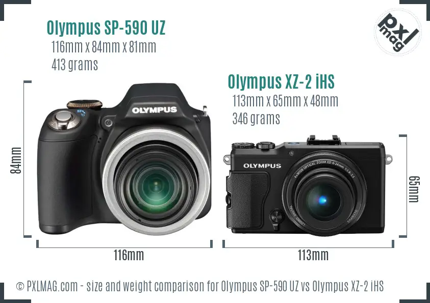 Olympus SP-590 UZ vs Olympus XZ-2 iHS size comparison