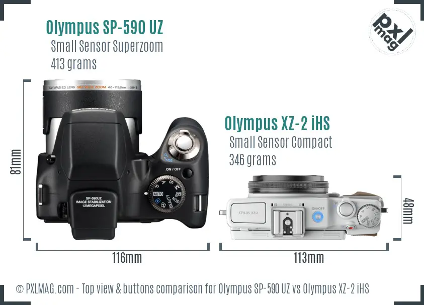 Olympus SP-590 UZ vs Olympus XZ-2 iHS top view buttons comparison
