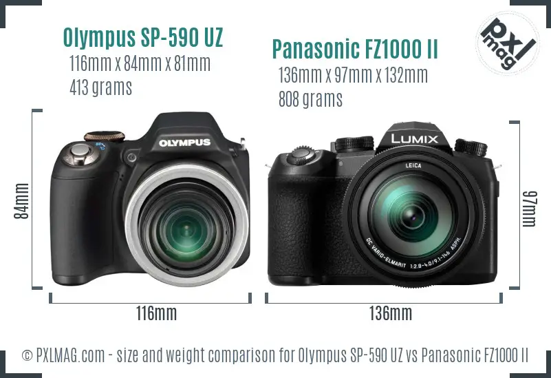 Olympus SP-590 UZ vs Panasonic FZ1000 II size comparison