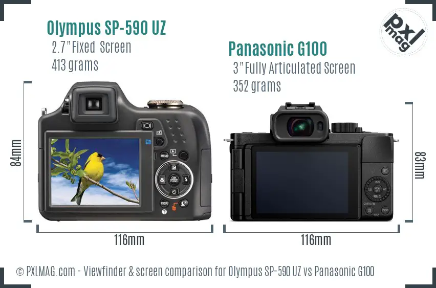 Olympus SP-590 UZ vs Panasonic G100 Screen and Viewfinder comparison