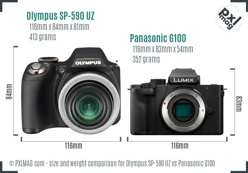 Olympus SP-590 UZ vs Panasonic G100 size comparison