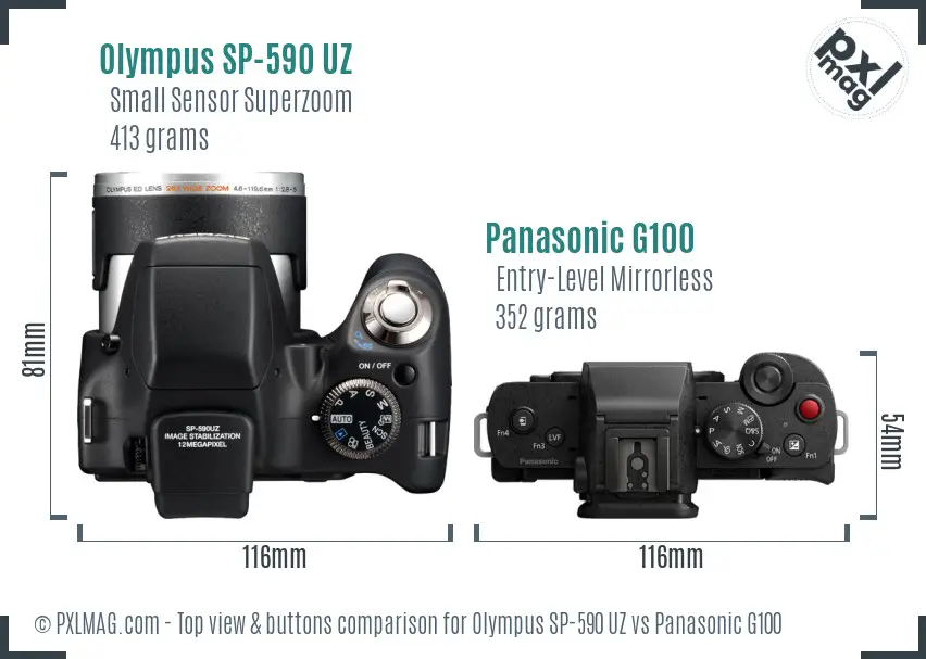 Olympus SP-590 UZ vs Panasonic G100 top view buttons comparison