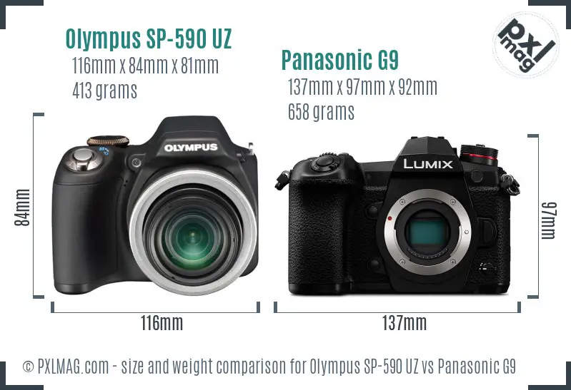 Olympus SP-590 UZ vs Panasonic G9 size comparison