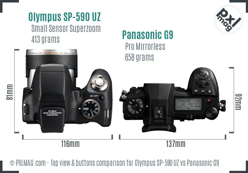 Olympus SP-590 UZ vs Panasonic G9 top view buttons comparison