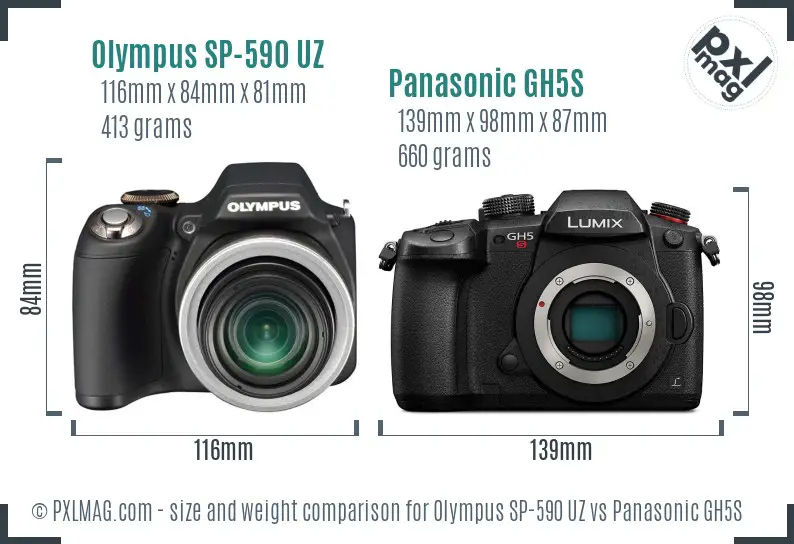 Olympus SP-590 UZ vs Panasonic GH5S size comparison