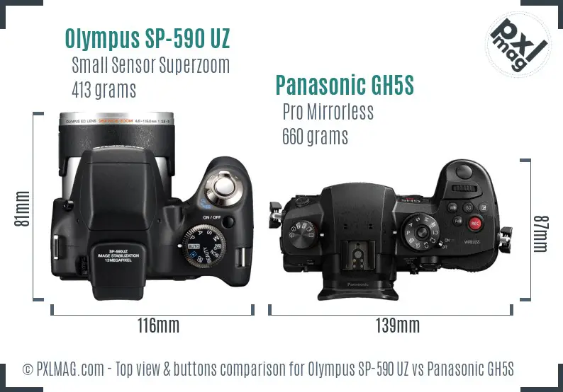 Olympus SP-590 UZ vs Panasonic GH5S top view buttons comparison