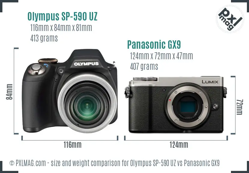 Olympus SP-590 UZ vs Panasonic GX9 size comparison