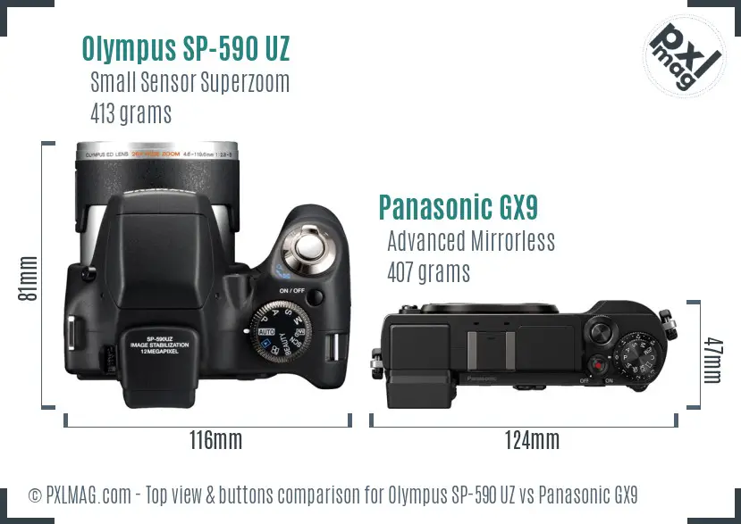 Olympus SP-590 UZ vs Panasonic GX9 top view buttons comparison