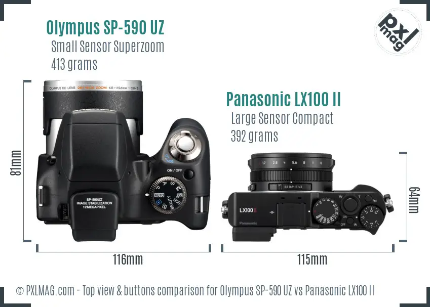 Olympus SP-590 UZ vs Panasonic LX100 II top view buttons comparison