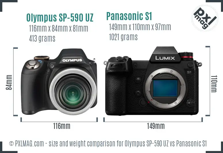 Olympus SP-590 UZ vs Panasonic S1 size comparison