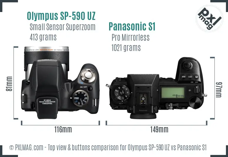 Olympus SP-590 UZ vs Panasonic S1 top view buttons comparison