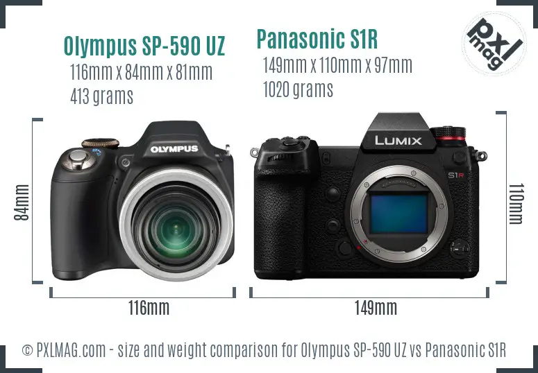 Olympus SP-590 UZ vs Panasonic S1R size comparison