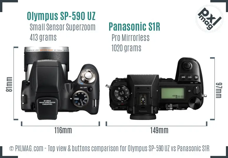 Olympus SP-590 UZ vs Panasonic S1R top view buttons comparison