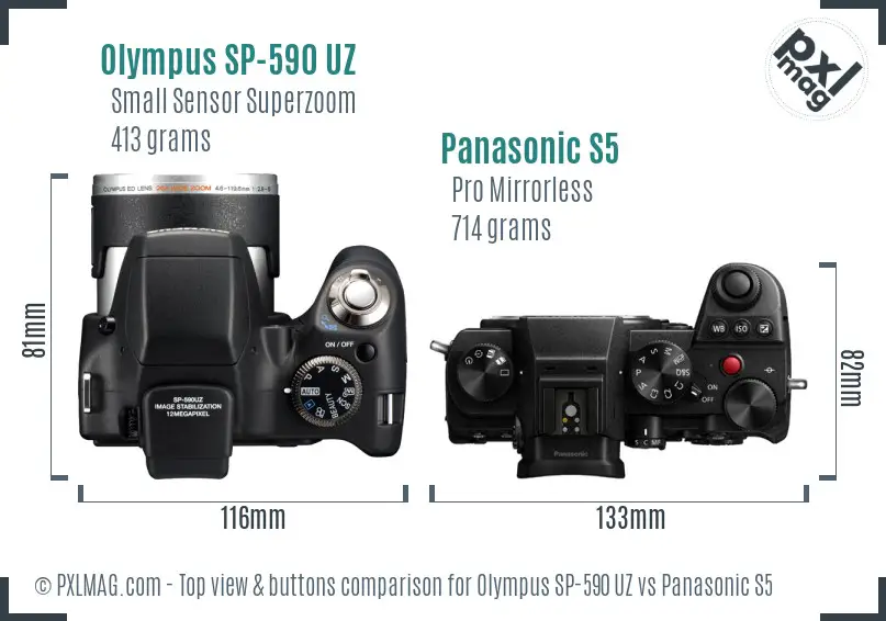 Olympus SP-590 UZ vs Panasonic S5 top view buttons comparison