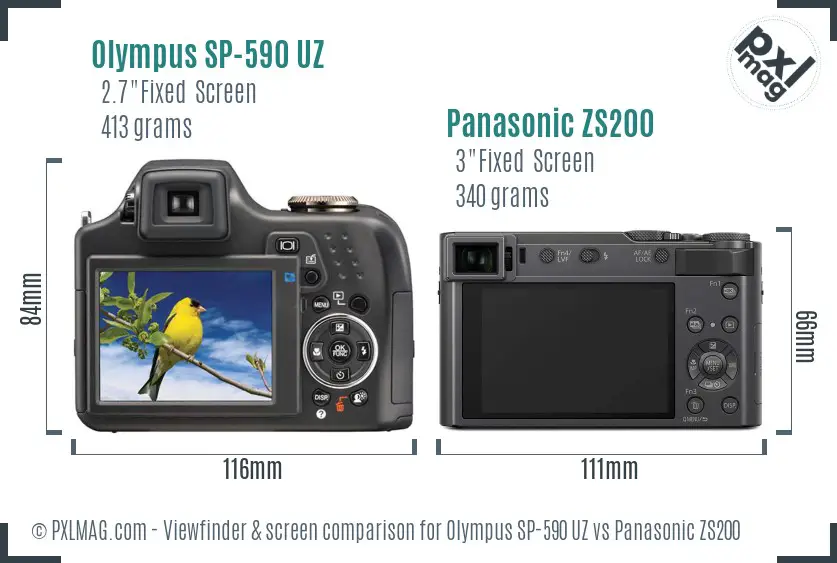 Olympus SP-590 UZ vs Panasonic ZS200 Screen and Viewfinder comparison