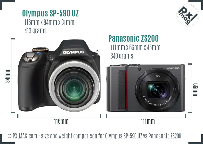 Olympus SP-590 UZ vs Panasonic ZS200 size comparison