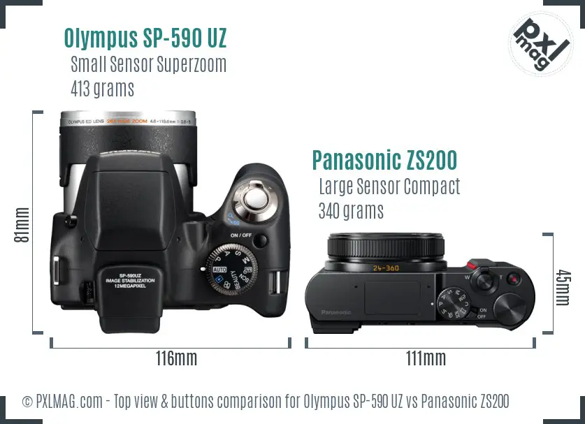 Olympus SP-590 UZ vs Panasonic ZS200 top view buttons comparison