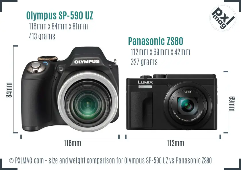 Olympus SP-590 UZ vs Panasonic ZS80 size comparison