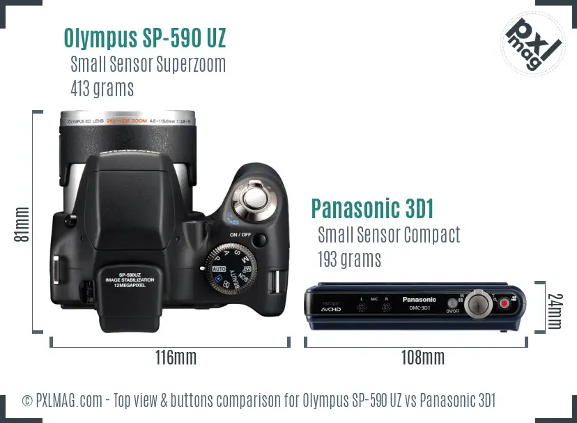 Olympus SP-590 UZ vs Panasonic 3D1 top view buttons comparison