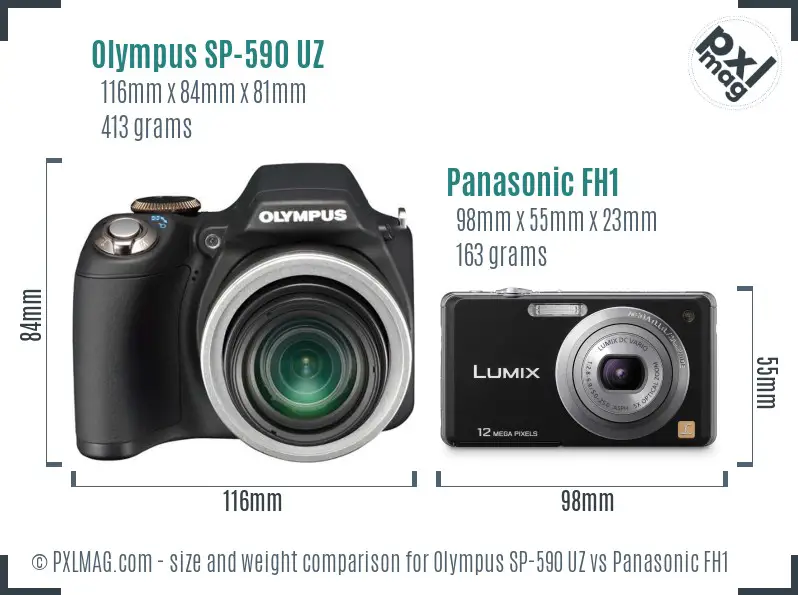 Olympus SP-590 UZ vs Panasonic FH1 size comparison