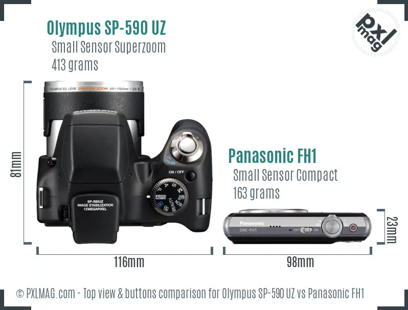 Olympus SP-590 UZ vs Panasonic FH1 top view buttons comparison