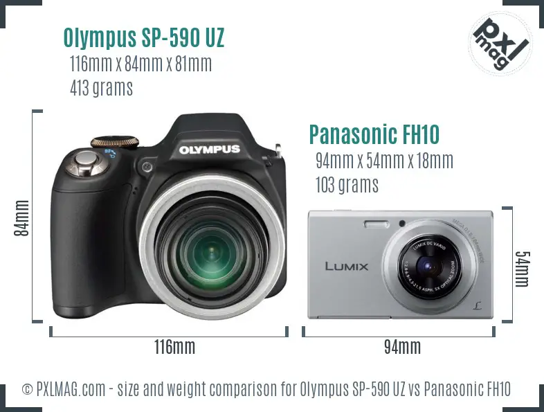 Olympus SP-590 UZ vs Panasonic FH10 size comparison