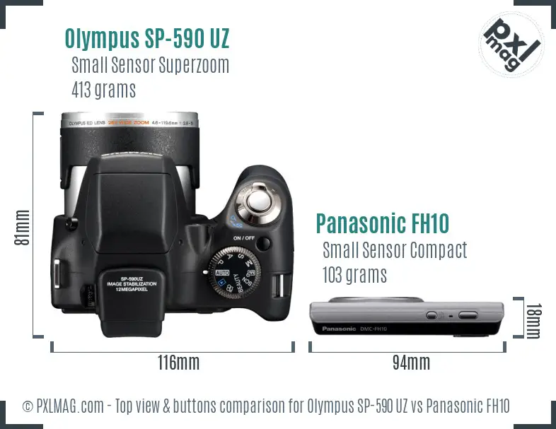 Olympus SP-590 UZ vs Panasonic FH10 top view buttons comparison