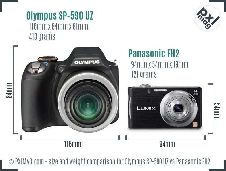 Olympus SP-590 UZ vs Panasonic FH2 size comparison