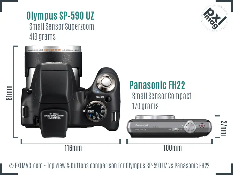 Olympus SP-590 UZ vs Panasonic FH22 top view buttons comparison