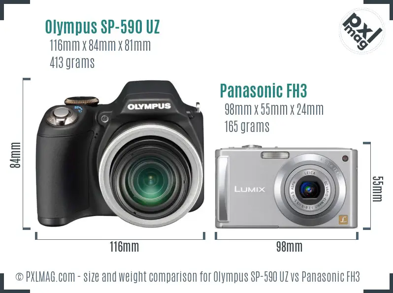 Olympus SP-590 UZ vs Panasonic FH3 size comparison