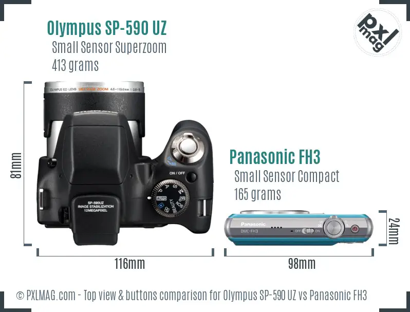 Olympus SP-590 UZ vs Panasonic FH3 top view buttons comparison