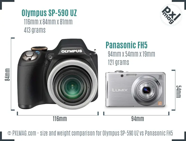Olympus SP-590 UZ vs Panasonic FH5 size comparison