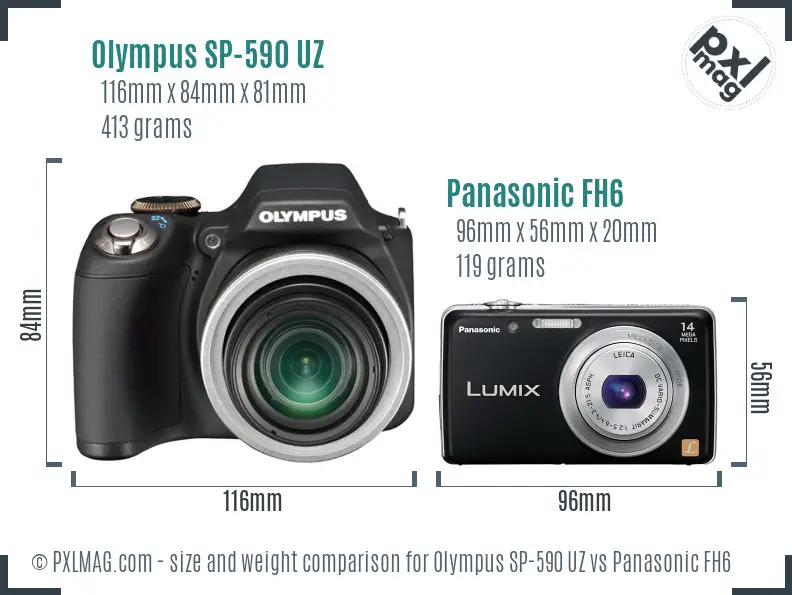 Olympus SP-590 UZ vs Panasonic FH6 size comparison