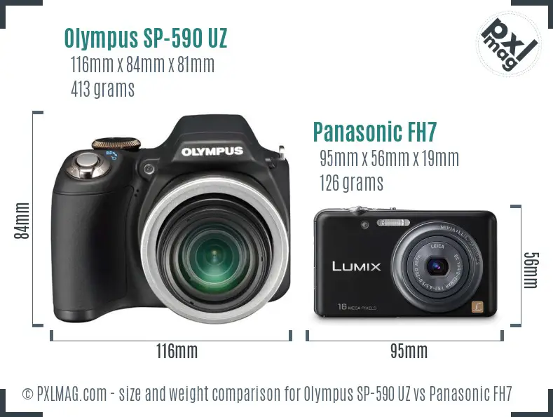 Olympus SP-590 UZ vs Panasonic FH7 size comparison