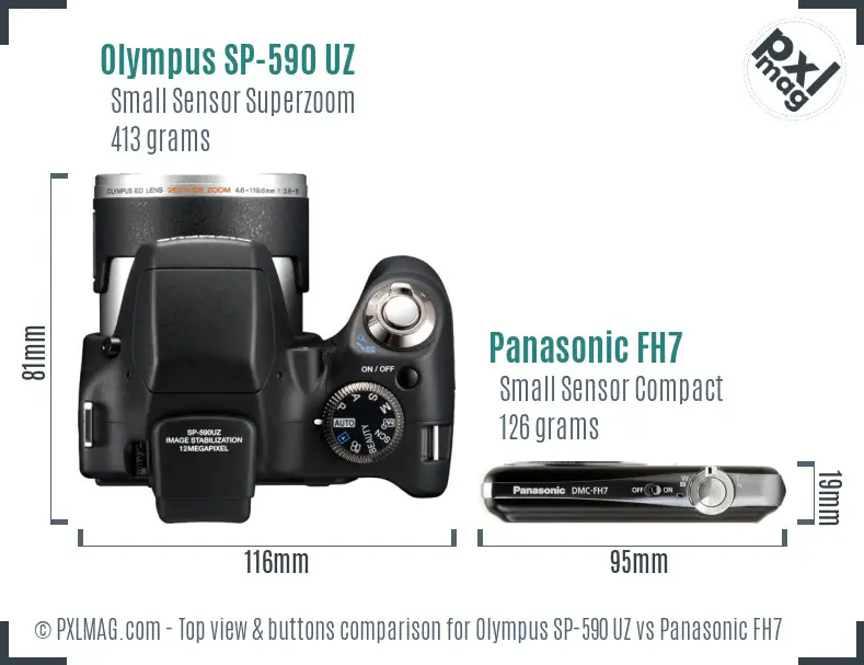 Olympus SP-590 UZ vs Panasonic FH7 top view buttons comparison