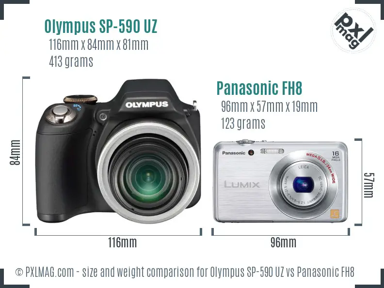 Olympus SP-590 UZ vs Panasonic FH8 size comparison