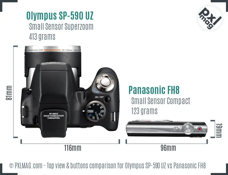 Olympus SP-590 UZ vs Panasonic FH8 top view buttons comparison