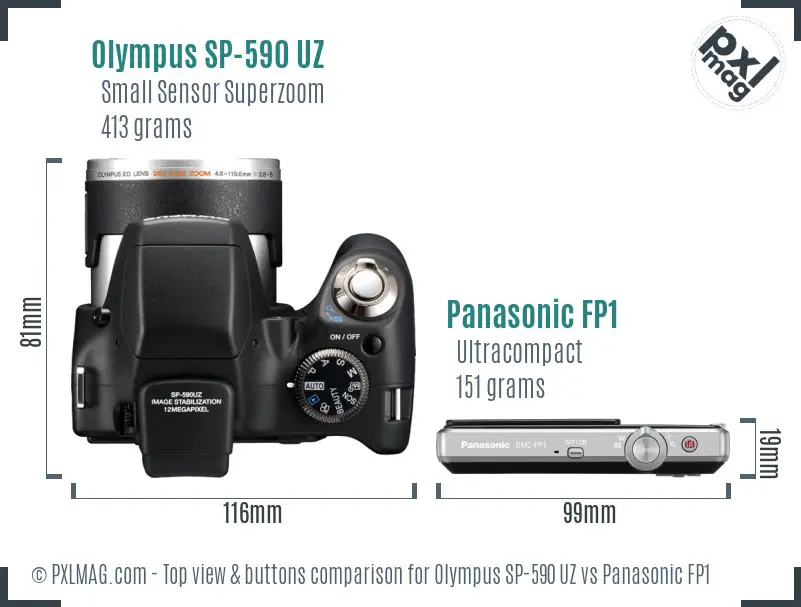 Olympus SP-590 UZ vs Panasonic FP1 top view buttons comparison