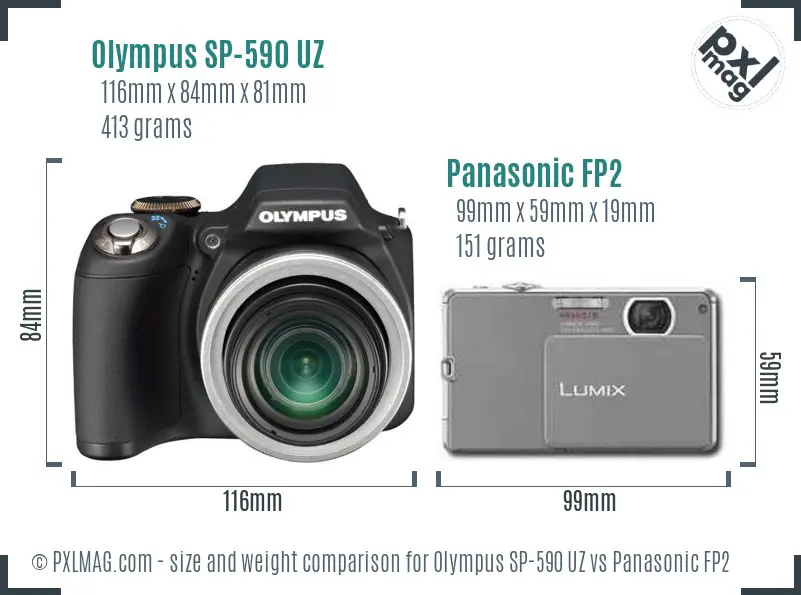 Olympus SP-590 UZ vs Panasonic FP2 size comparison