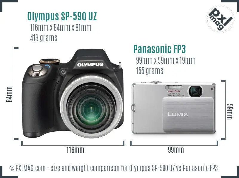 Olympus SP-590 UZ vs Panasonic FP3 size comparison