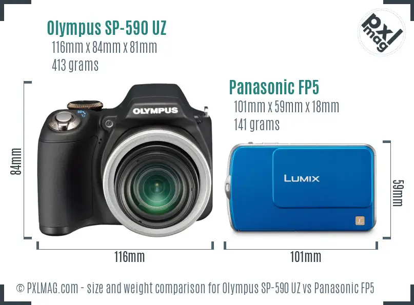 Olympus SP-590 UZ vs Panasonic FP5 size comparison