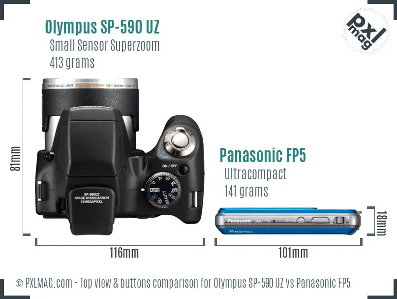 Olympus SP-590 UZ vs Panasonic FP5 top view buttons comparison