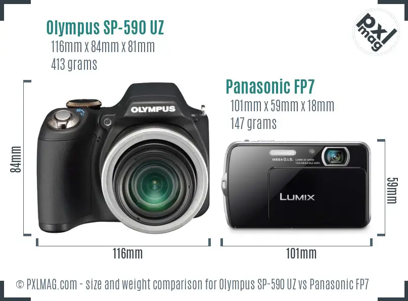 Olympus SP-590 UZ vs Panasonic FP7 size comparison