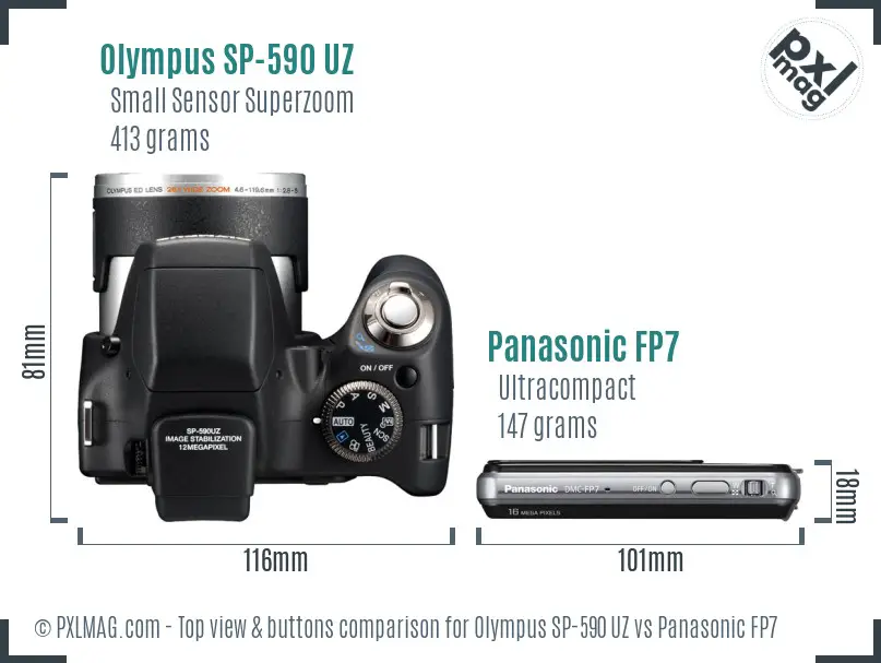 Olympus SP-590 UZ vs Panasonic FP7 top view buttons comparison