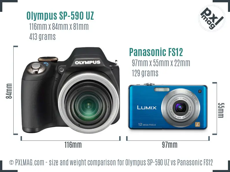 Olympus SP-590 UZ vs Panasonic FS12 size comparison